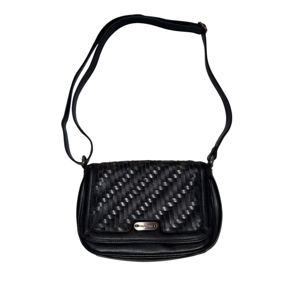 Longaberger Women's Black Leather Crossbody Purse Stairstep Weave adj strap